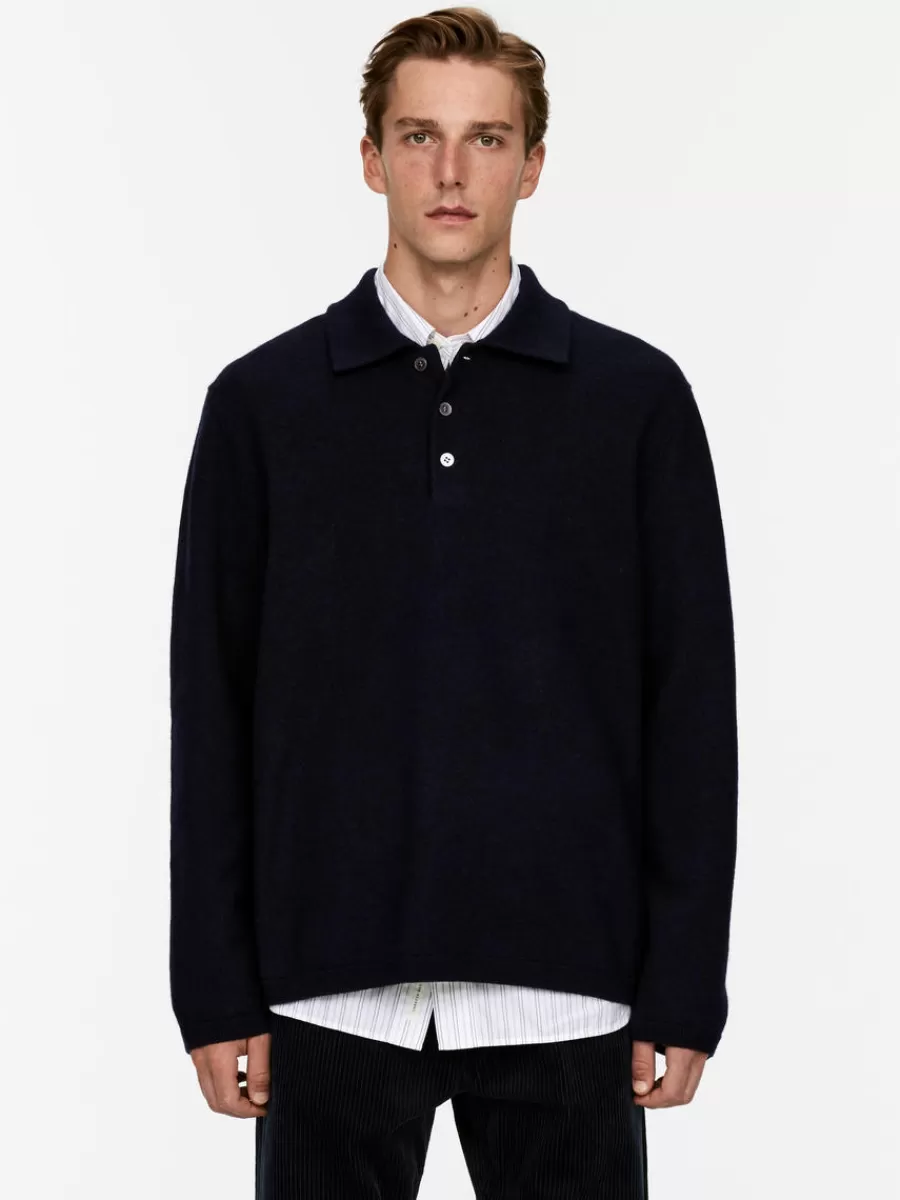 Store ARKET Boiled Wool Polo Shirt Dark Blue