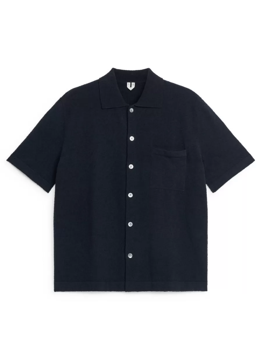 Fashion ARKET Button-Up Polo Shirt Dark Blue