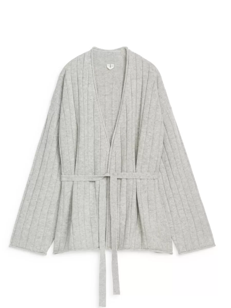 New ARKET Cashmere-Wool Belted Cardigan Light Grey