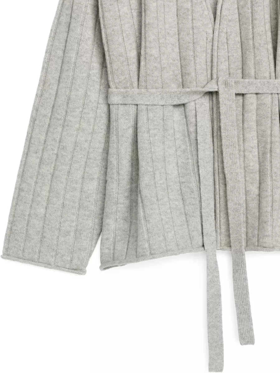 New ARKET Cashmere-Wool Belted Cardigan Light Grey