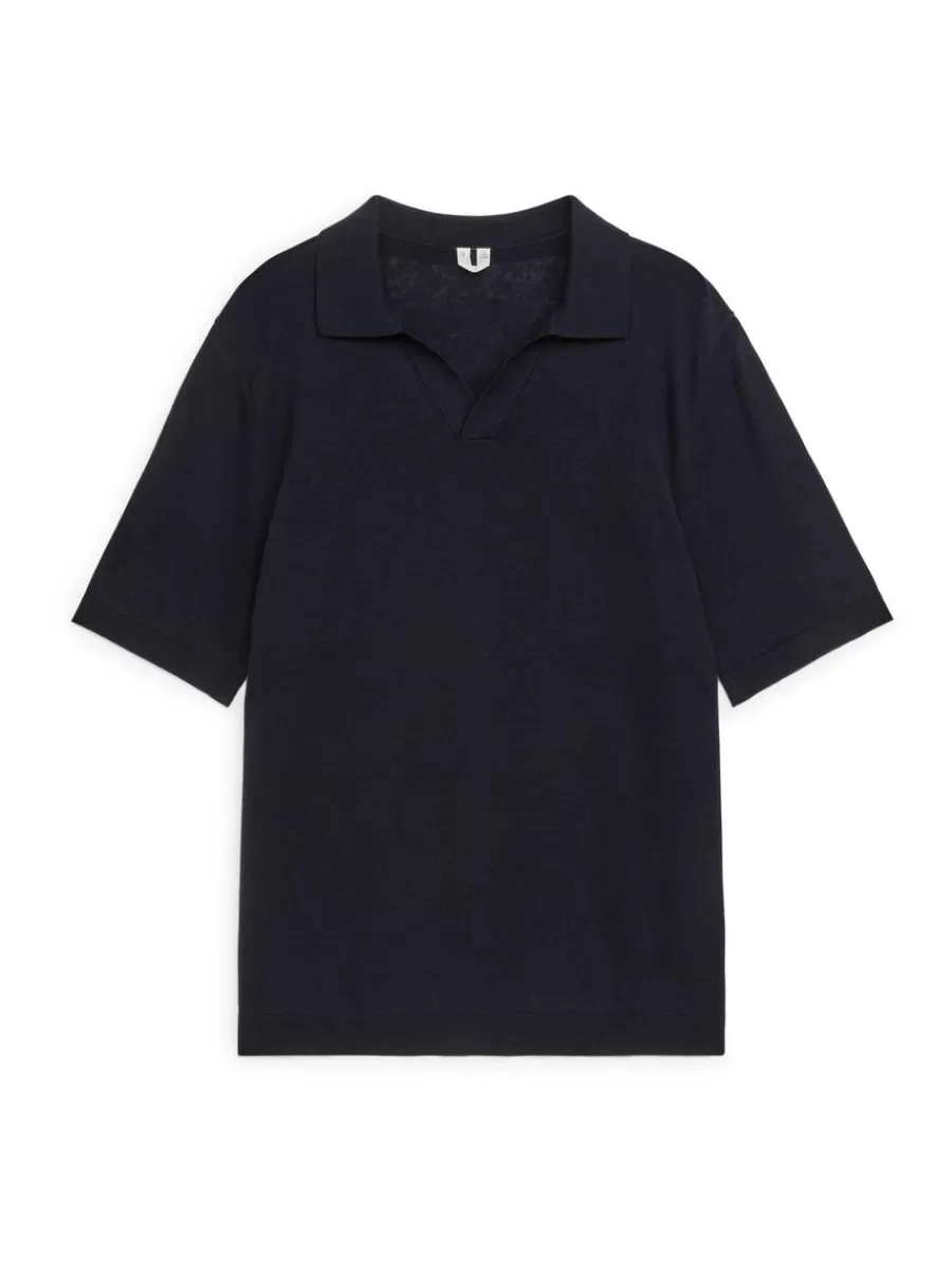 Store ARKET Cotton Linen Polo Shirt Dark Blue