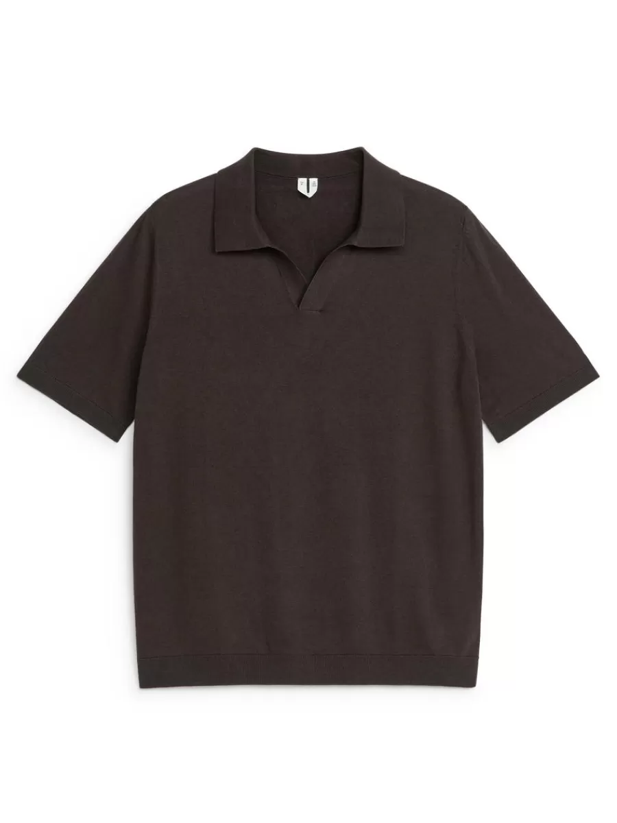 Cheap ARKET Cotton Linen Polo Shirt Dark Brown