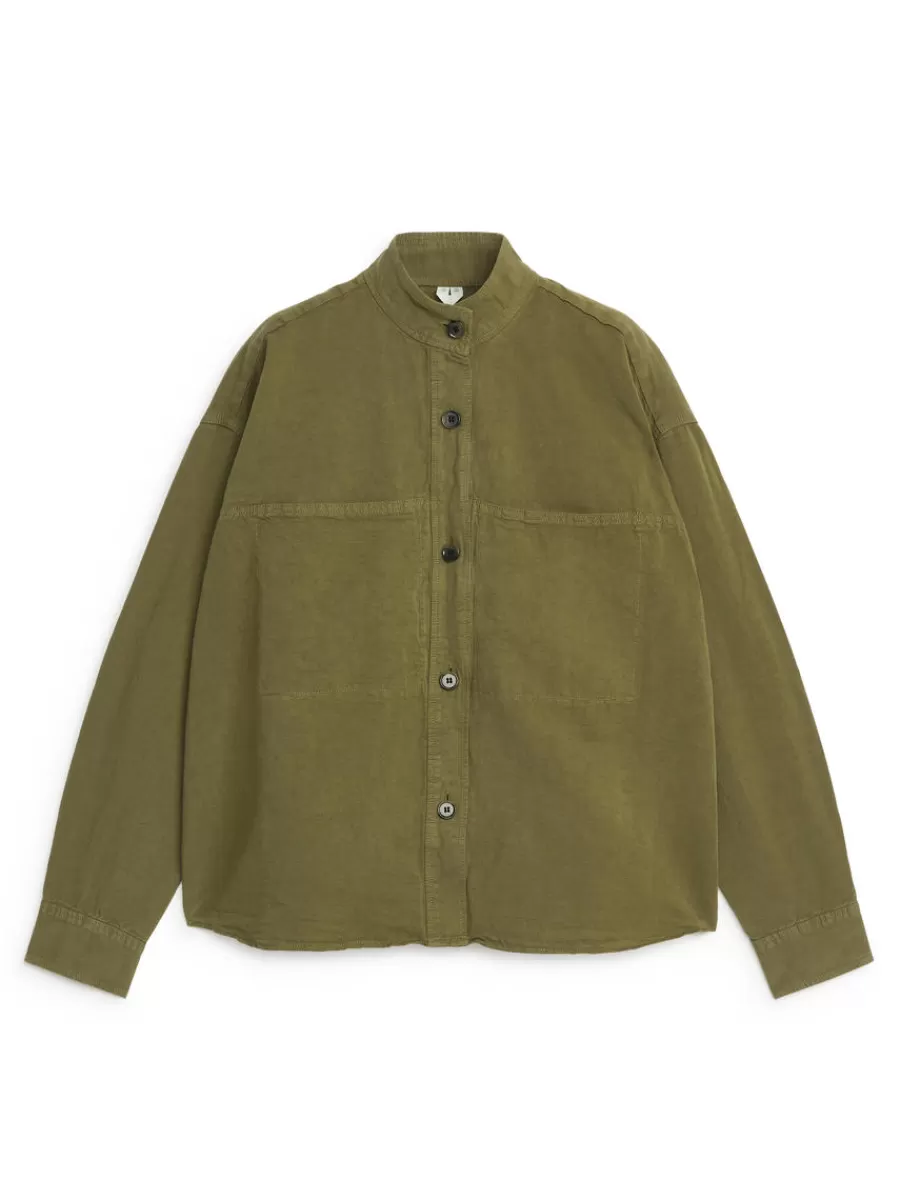 Online ARKET Cotton-Linen Overshirt Khaki Green