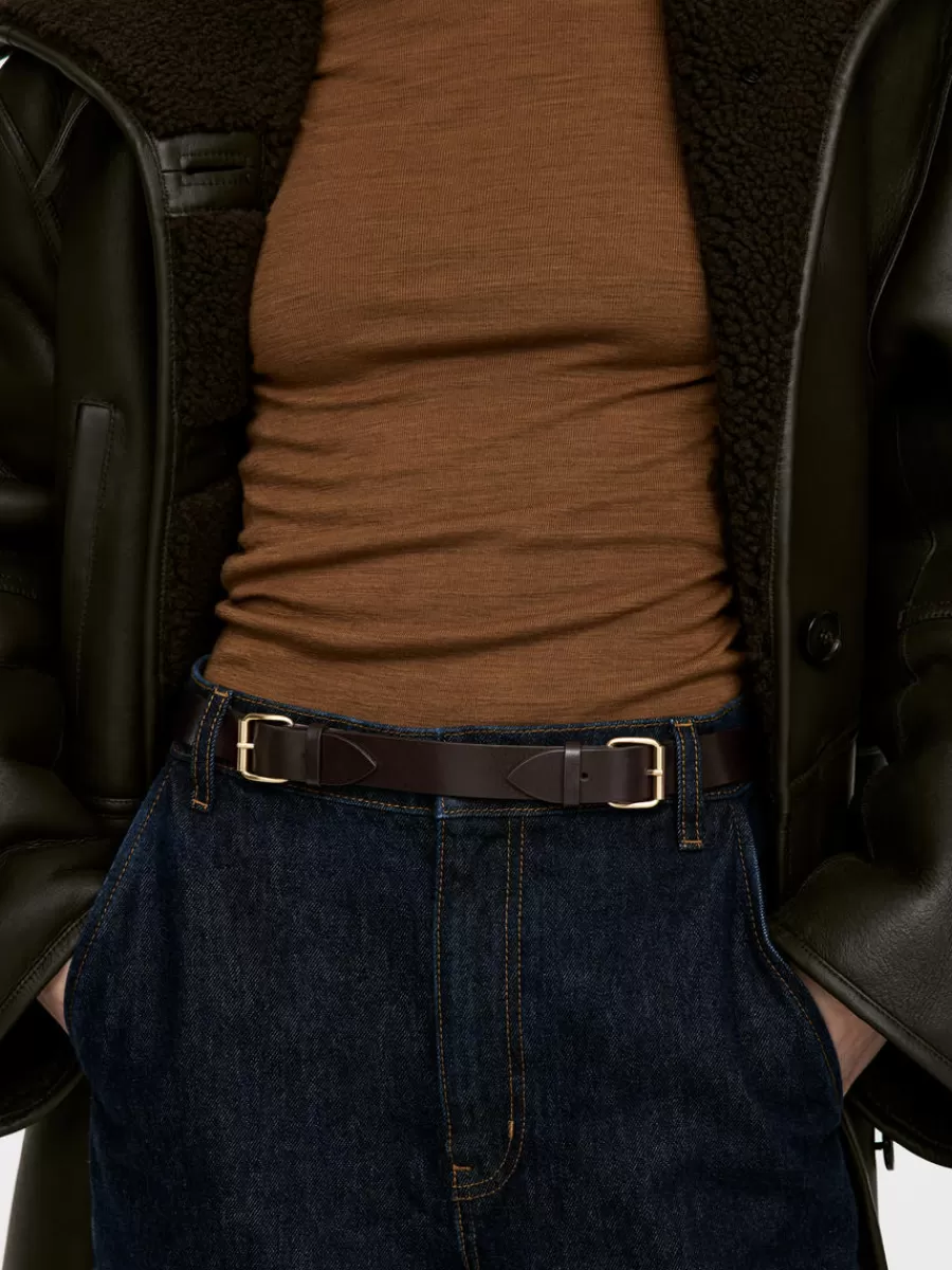 Cheap ARKET Double-Buckle Leather Belt Dark Brown