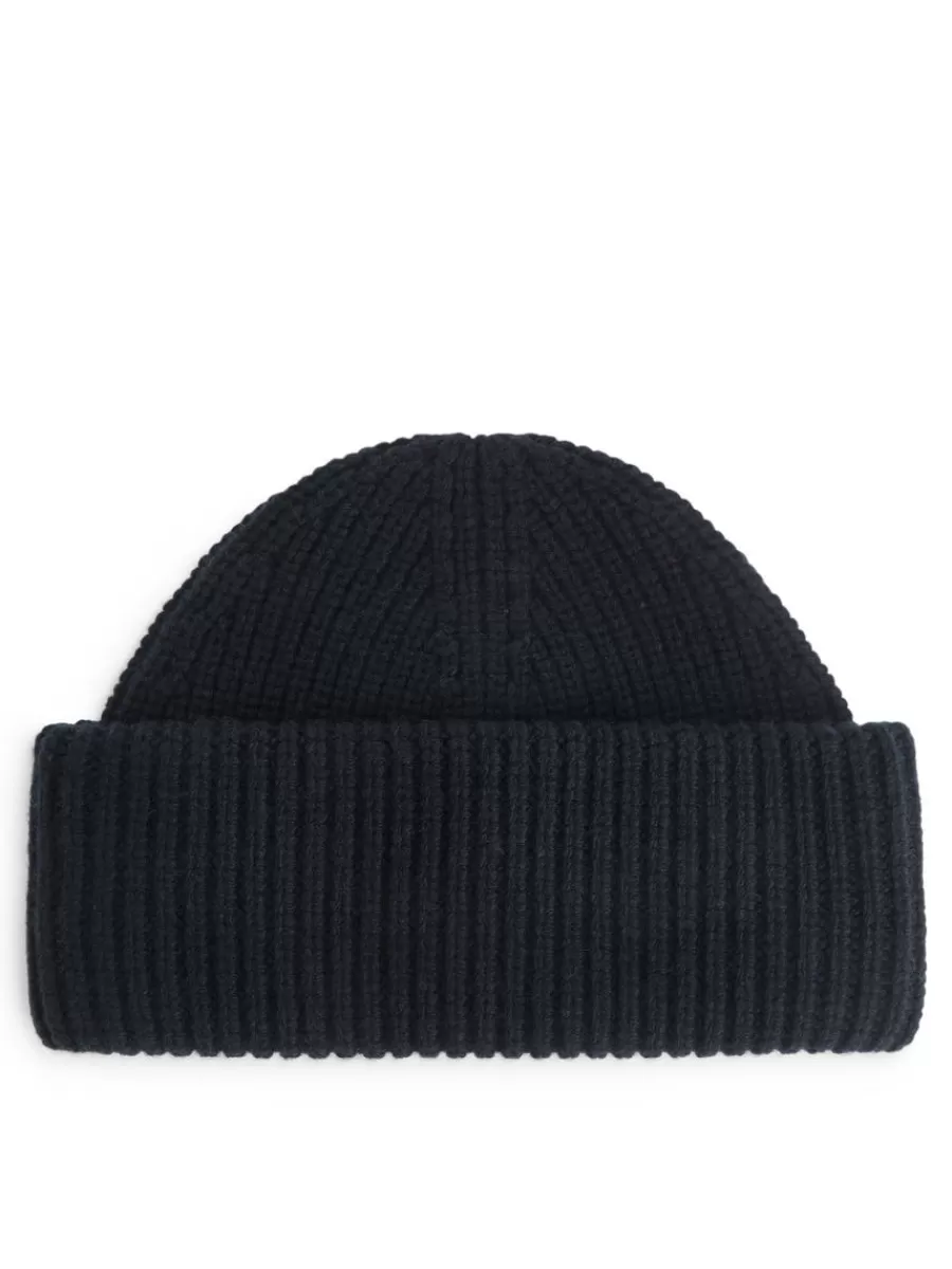 Cheap ARKET Double-Fold Wool Beanie Dark Blue