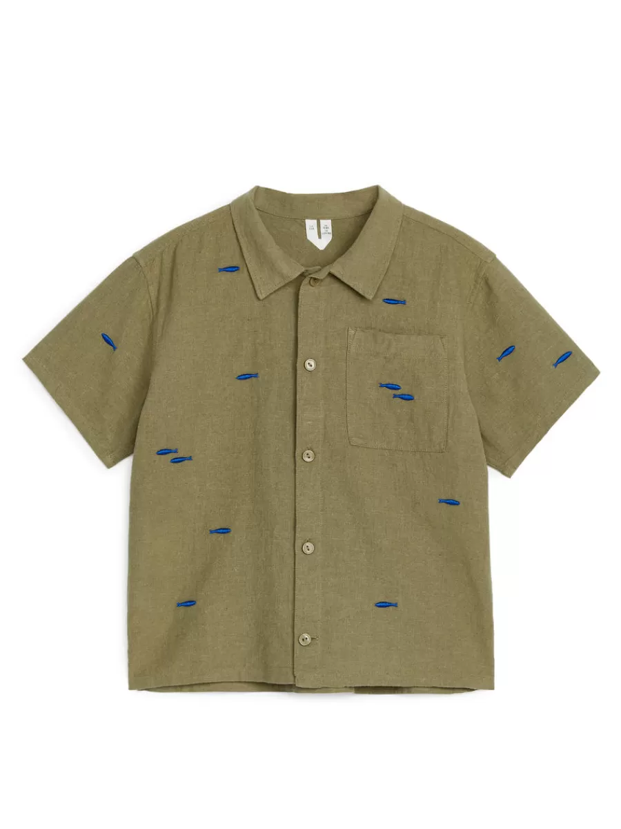 Online ARKET Embroidered Linen-Cotton Shirt Khaki Green