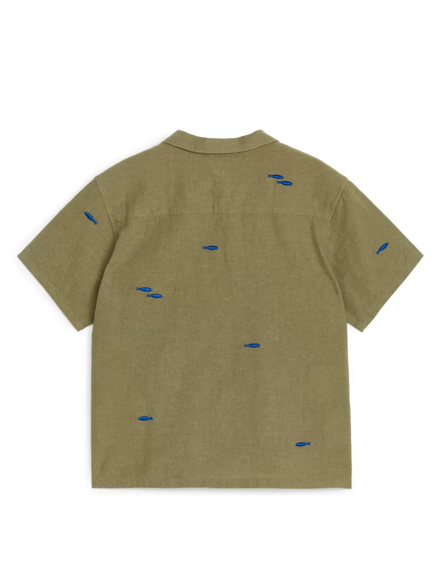 Online ARKET Embroidered Linen-Cotton Shirt Khaki Green