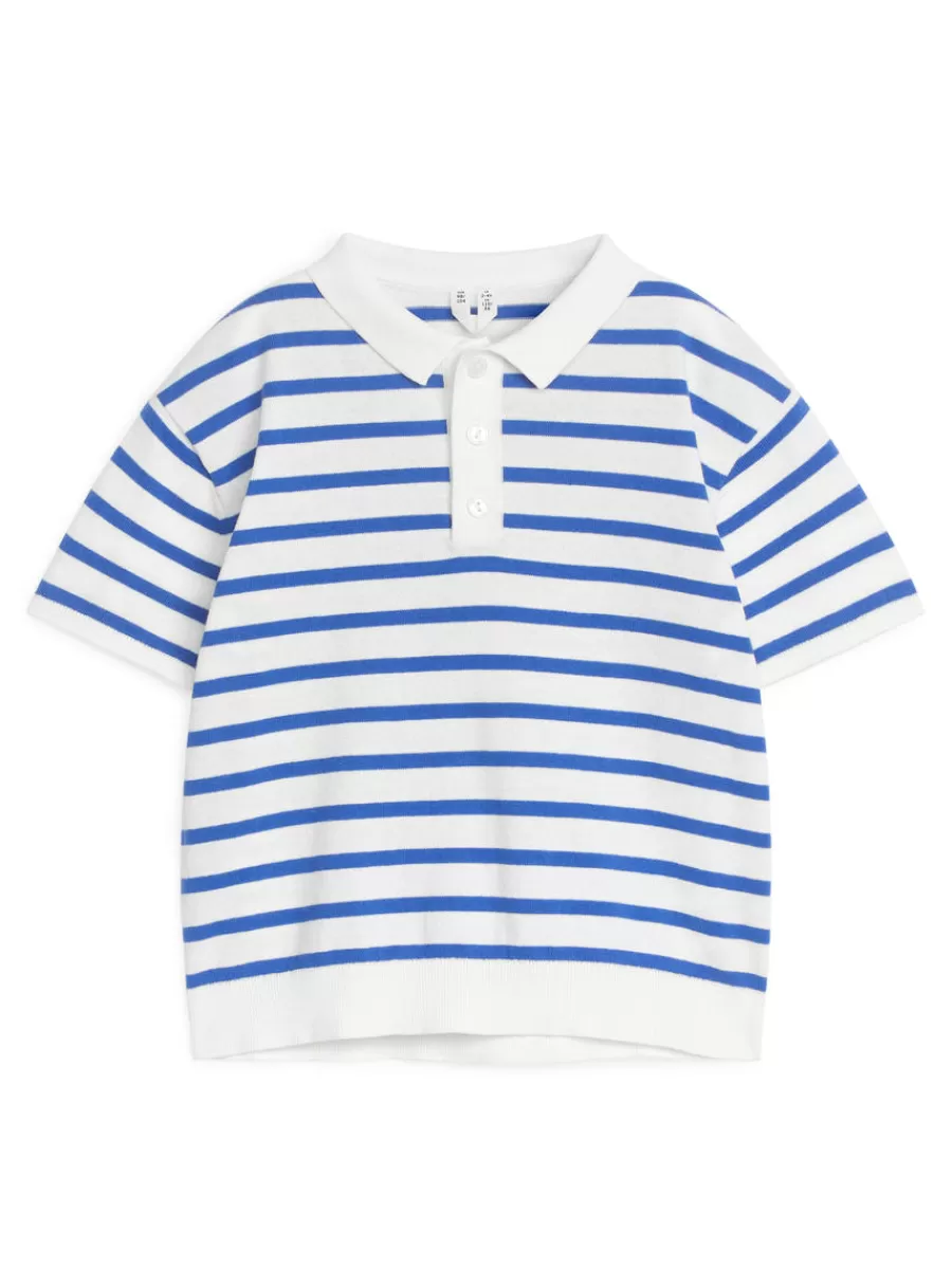 Cheap ARKET Fine-Knit Polo Shirt White/Blue
