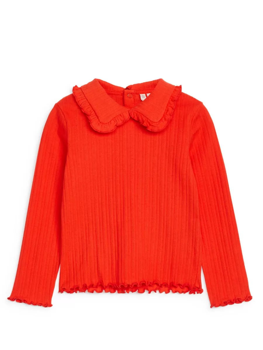 New ARKET Frill Collar Pointelle Top Bright Red