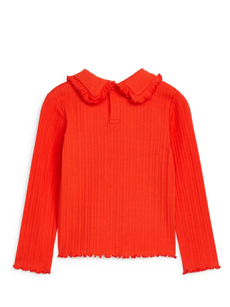 New ARKET Frill Collar Pointelle Top Bright Red