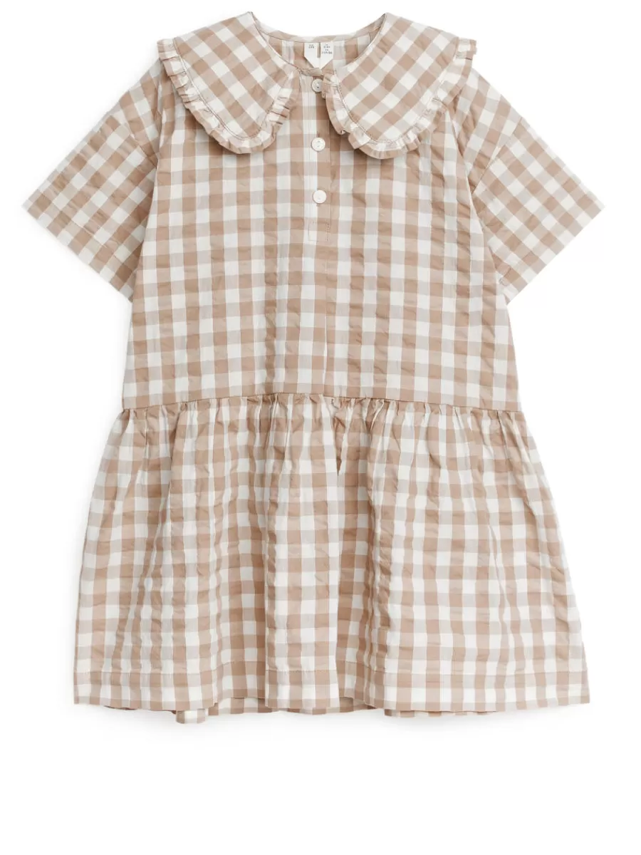 Clearance ARKET Frill-Collar Seersucker Dress Beige/Checked