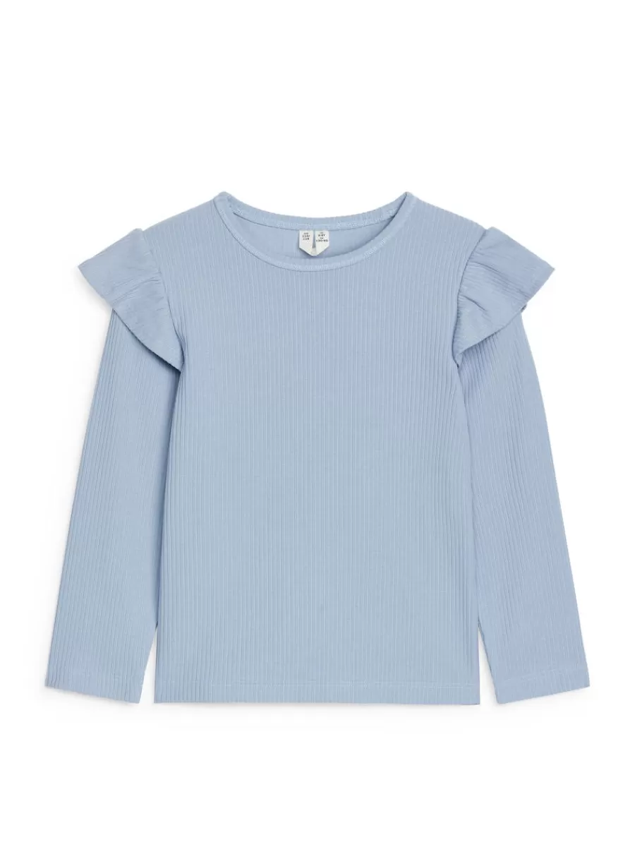 Cheap ARKET Frilled Jersey Top Dusty Blue
