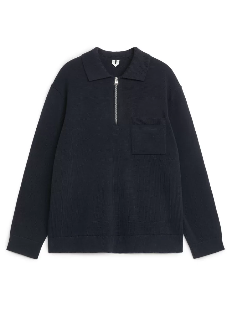 Cheap ARKET Half Zip Cotton Jumper Dark Blue