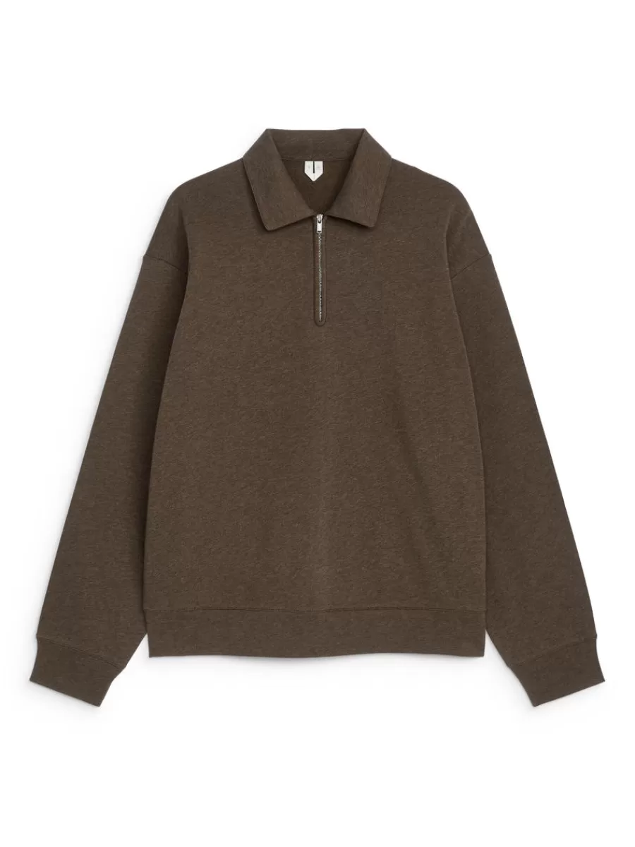 Best Sale ARKET Half-Zip Polo Shirt Dark Mole