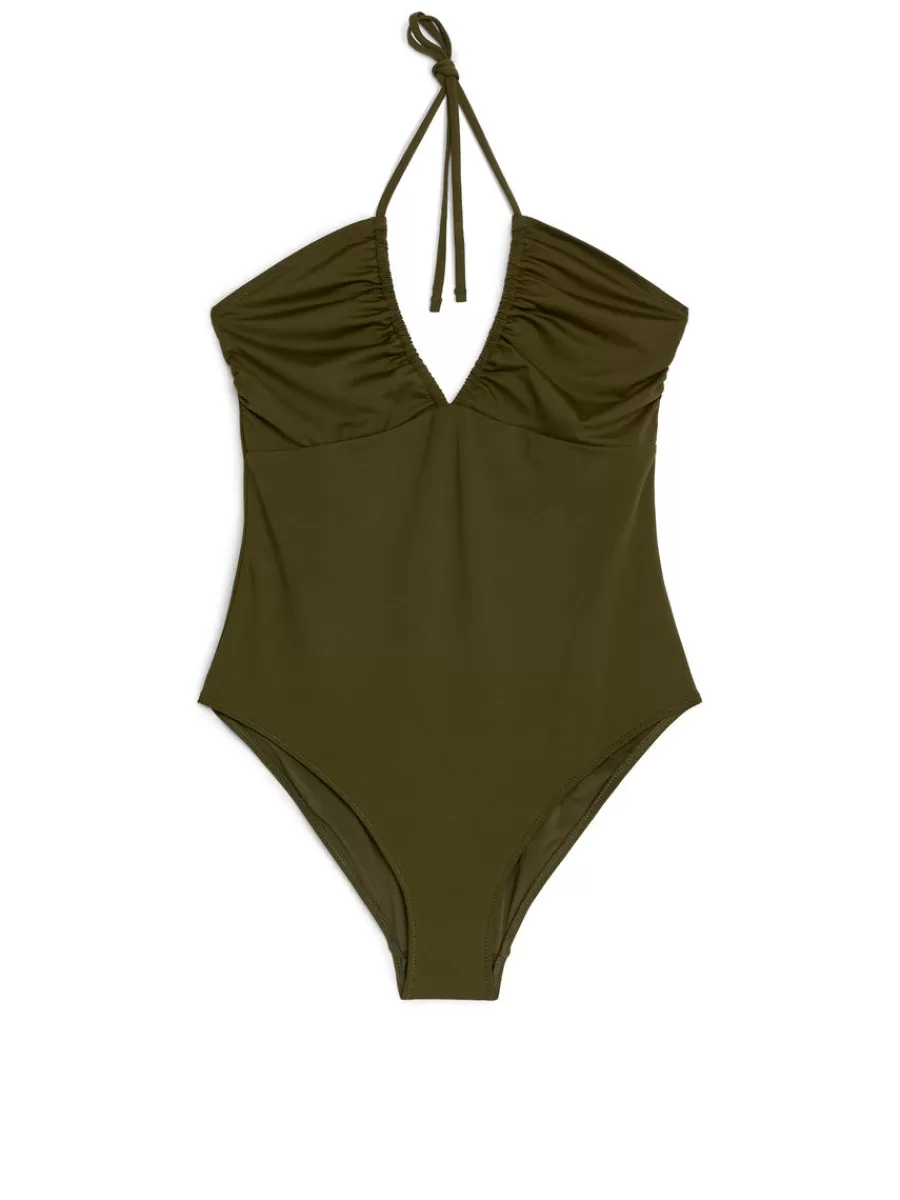 New ARKET Halterneck Swimsuit Dark Green