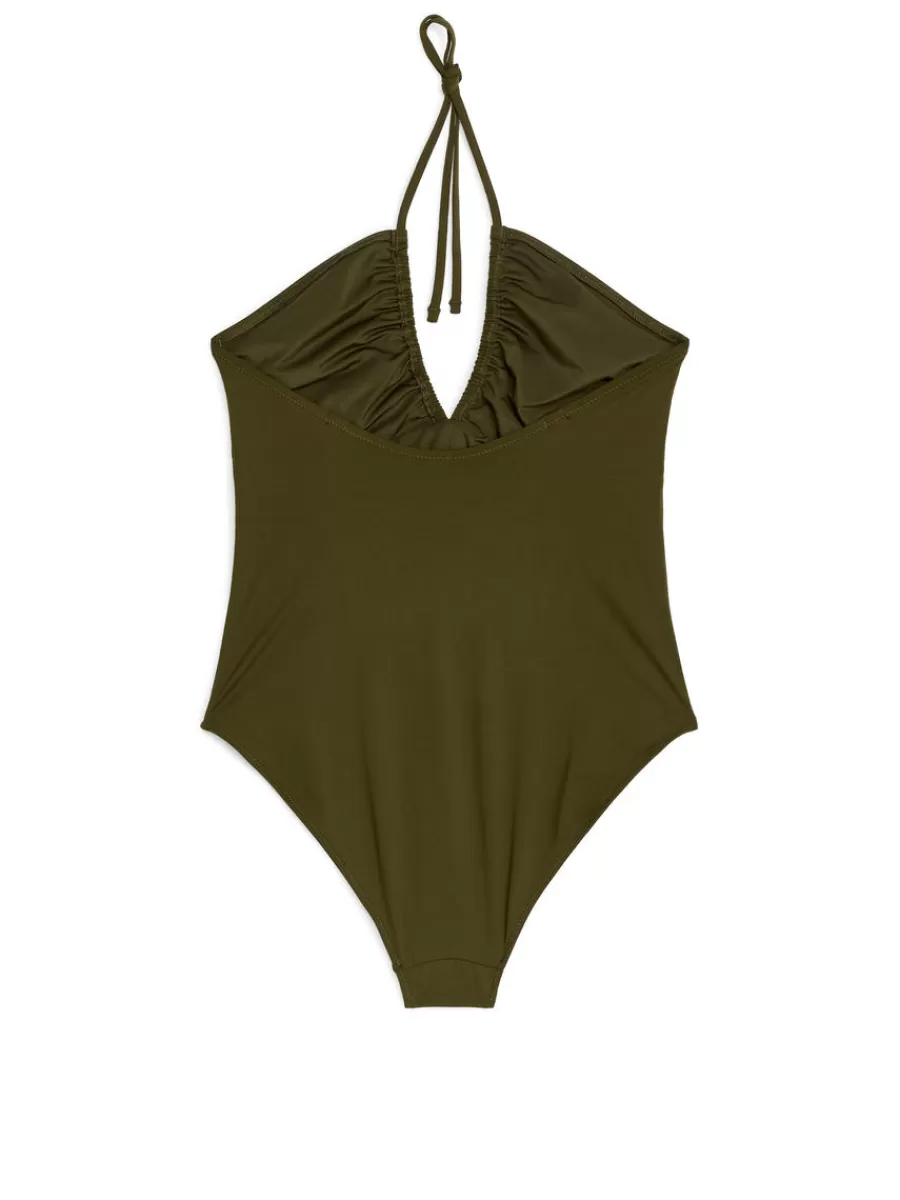 New ARKET Halterneck Swimsuit Dark Green