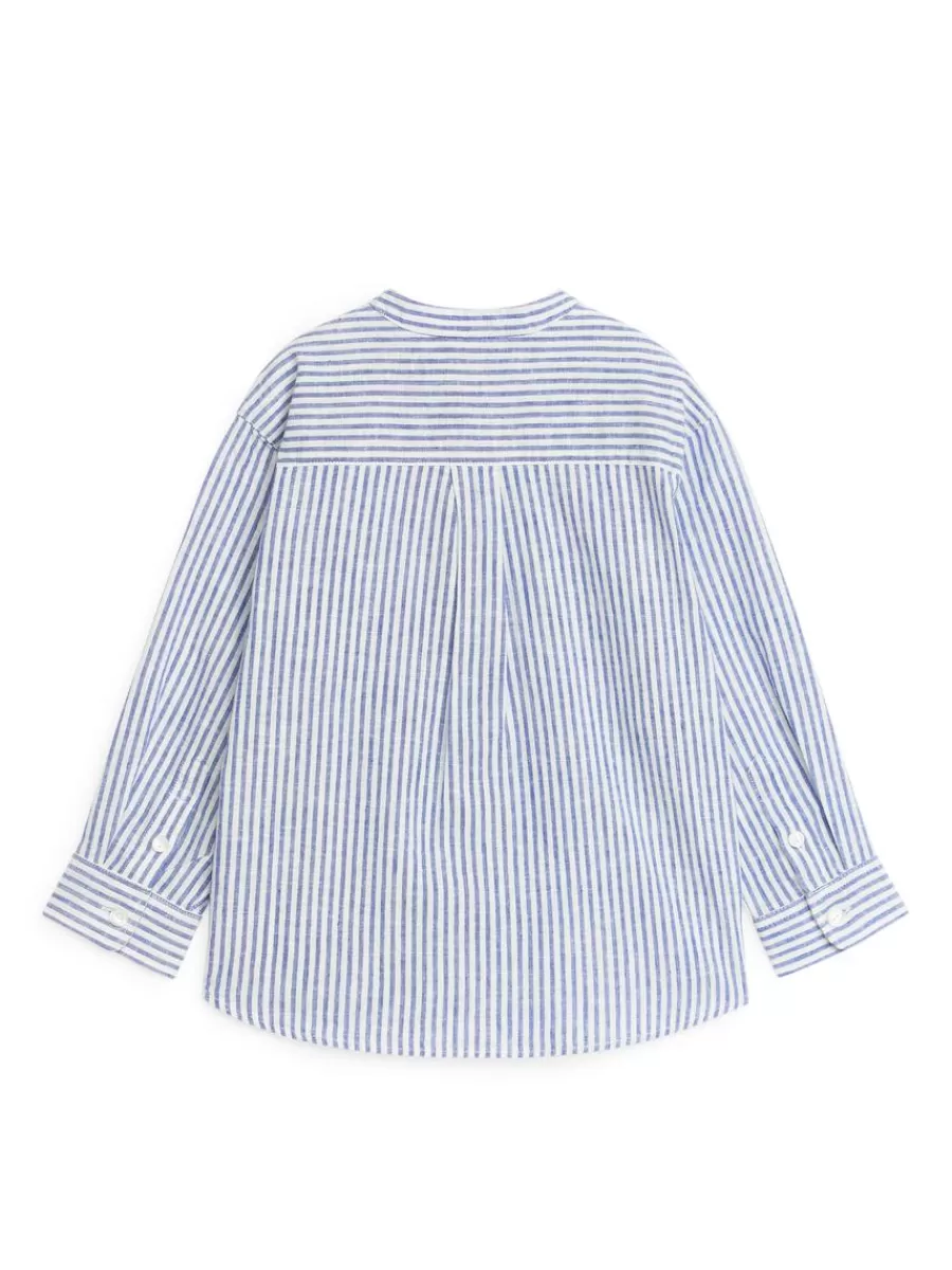 Shop ARKET Henley Linen Shirt Blue/Stripe