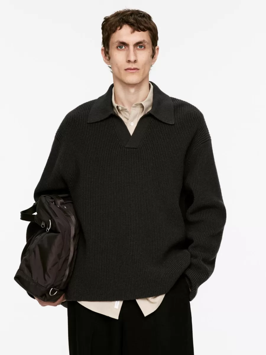 Clearance ARKET Knitted Polo Jumper Dark Brown