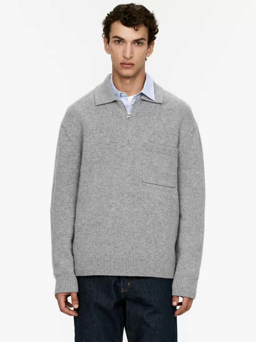 Online ARKET Knitted Wool Zip Polo Shirt Grey