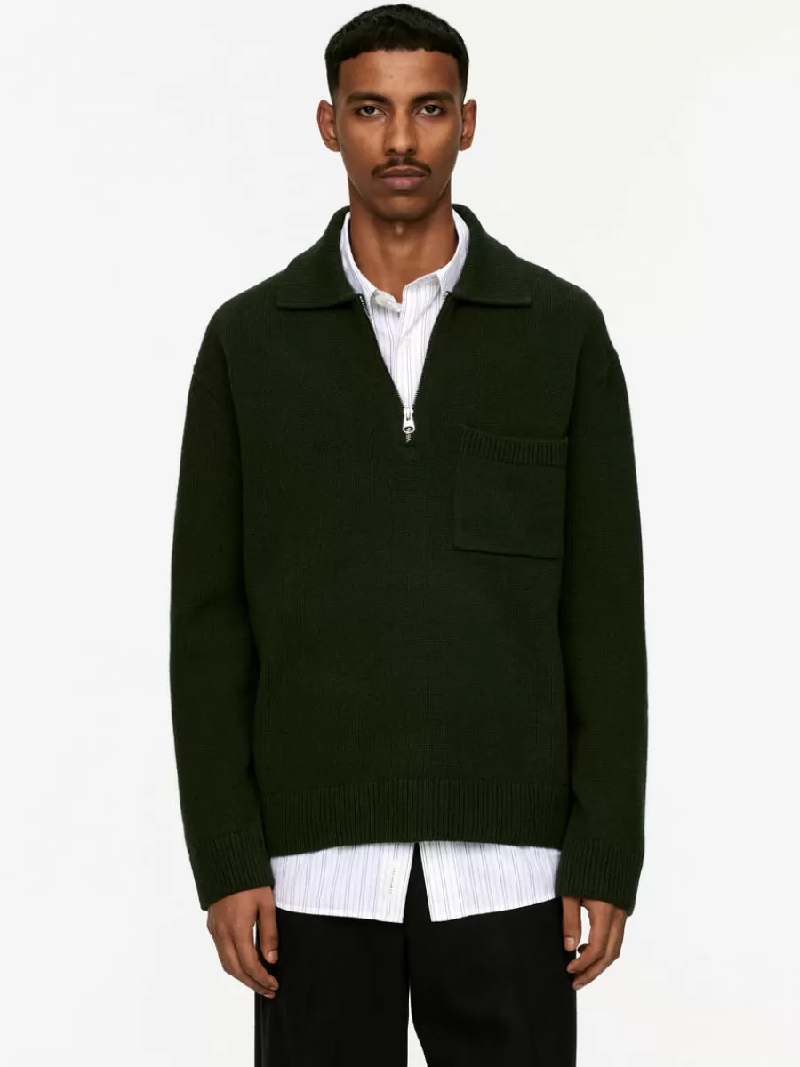 Sale ARKET Knitted Wool Zip Polo Shirt Dark Green