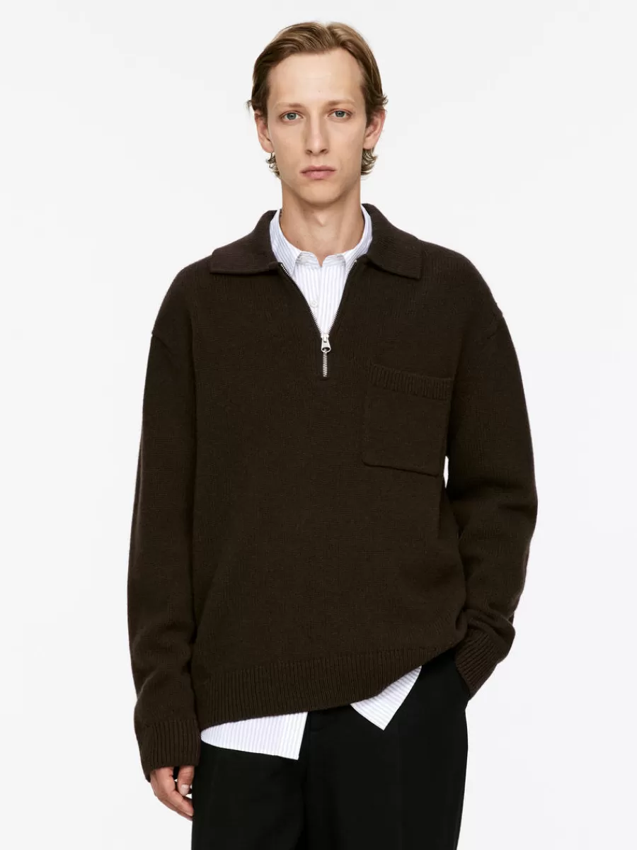 Store ARKET Knitted Wool Zip Polo Shirt Brown