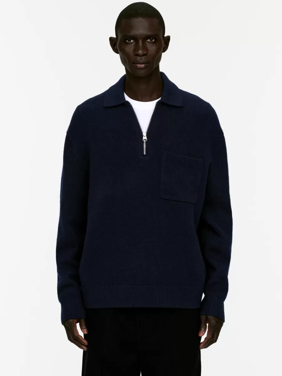 Sale ARKET Knitted Wool Zip Polo Shirt Dark Blue