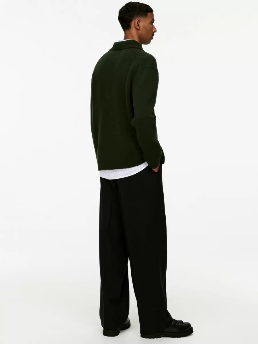 Sale ARKET Knitted Wool Zip Polo Shirt Dark Green