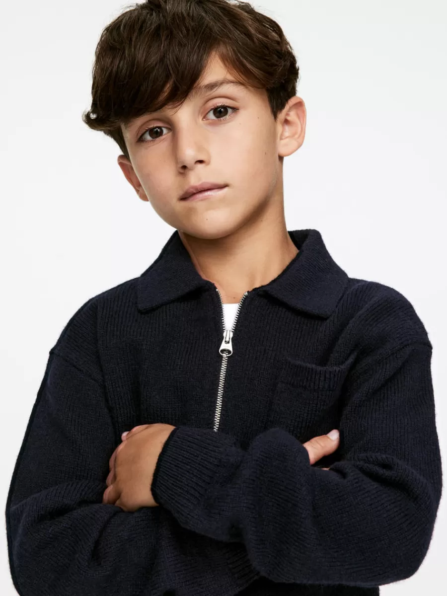 Clearance ARKET Knitted Wool Zip Polo Shirt Dark Blue