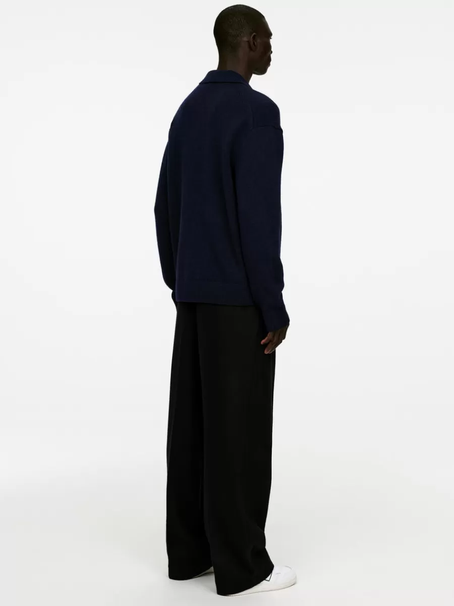 Sale ARKET Knitted Wool Zip Polo Shirt Dark Blue