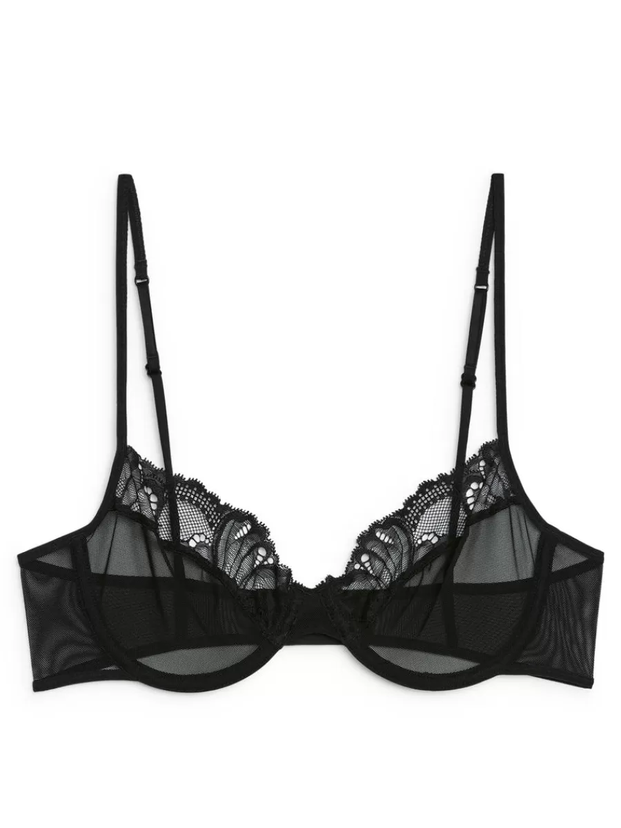 Shop ARKET Lace-Detail Mesh Bra Black