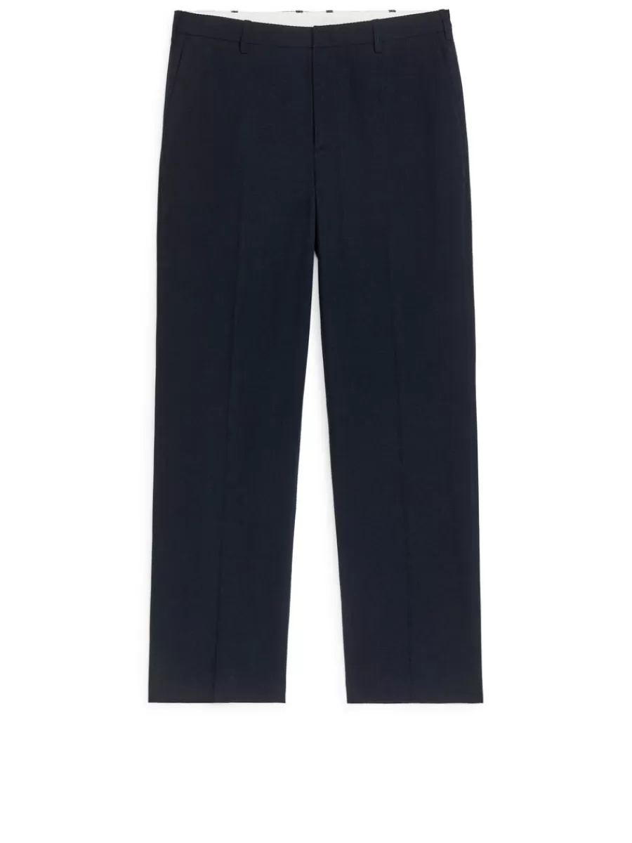 Best Sale ARKET Linen Blend Seersucker Trousers Dark Blue