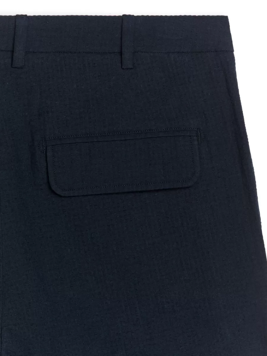Best Sale ARKET Linen Blend Seersucker Trousers Dark Blue