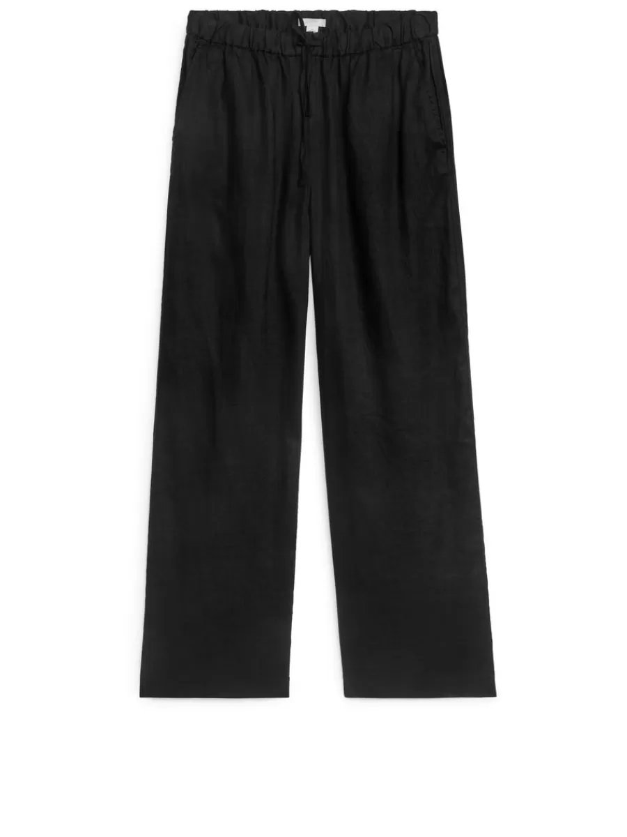 New ARKET Linen Drawstring Trousers Black
