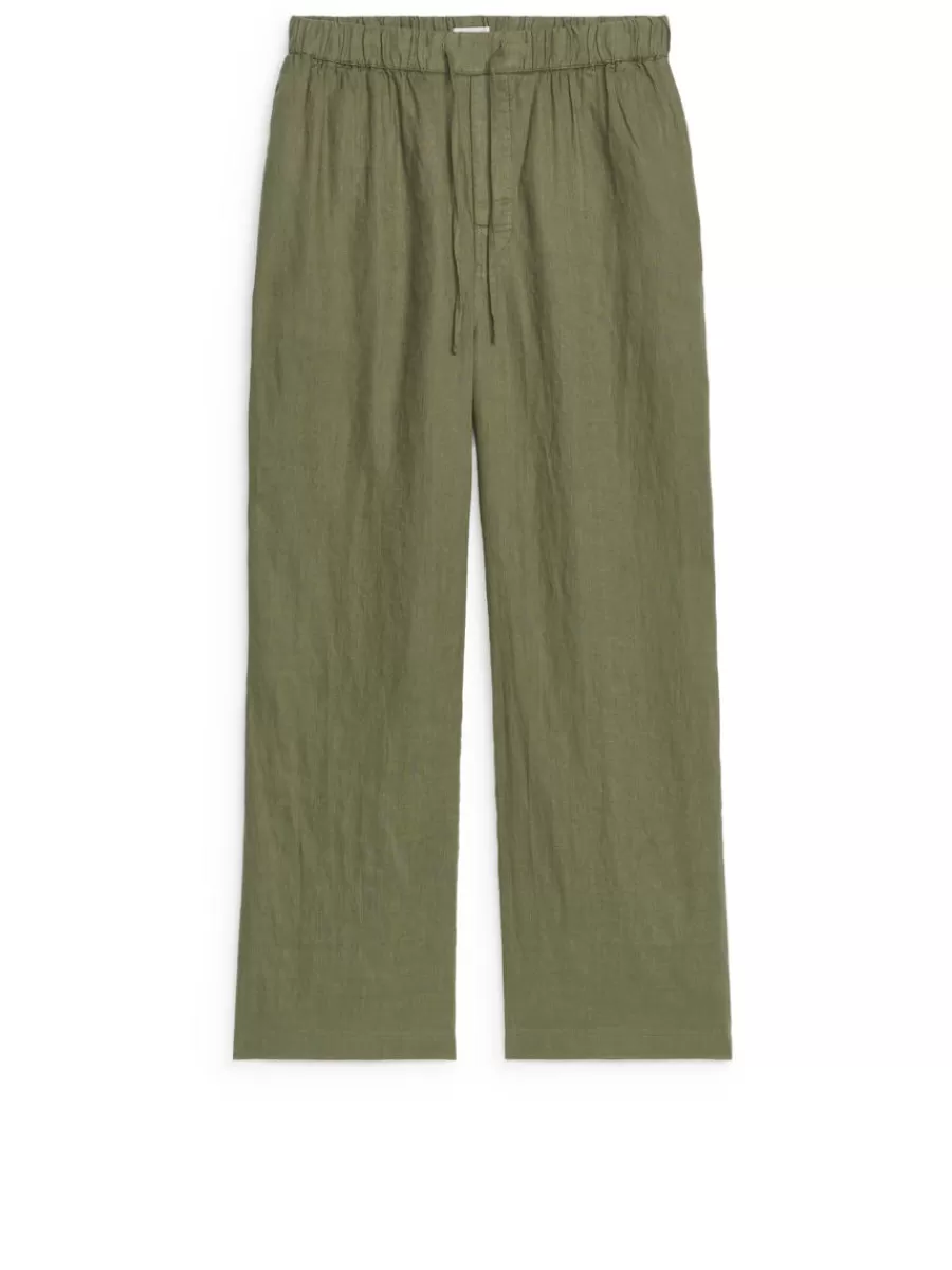 Online ARKET Linen Drawstring Trousers Dark Khaki Green