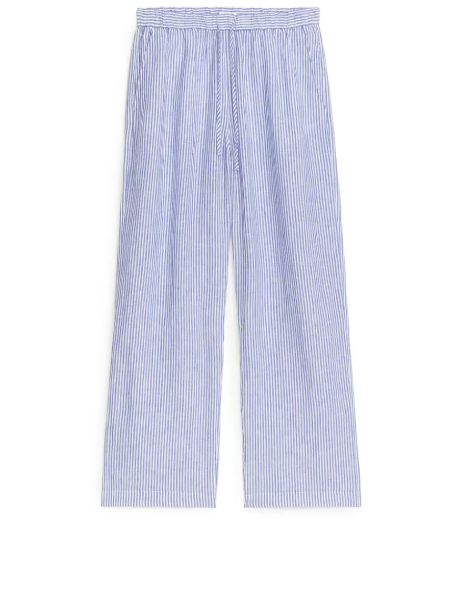 Sale ARKET Linen Drawstring Trousers Blue/White