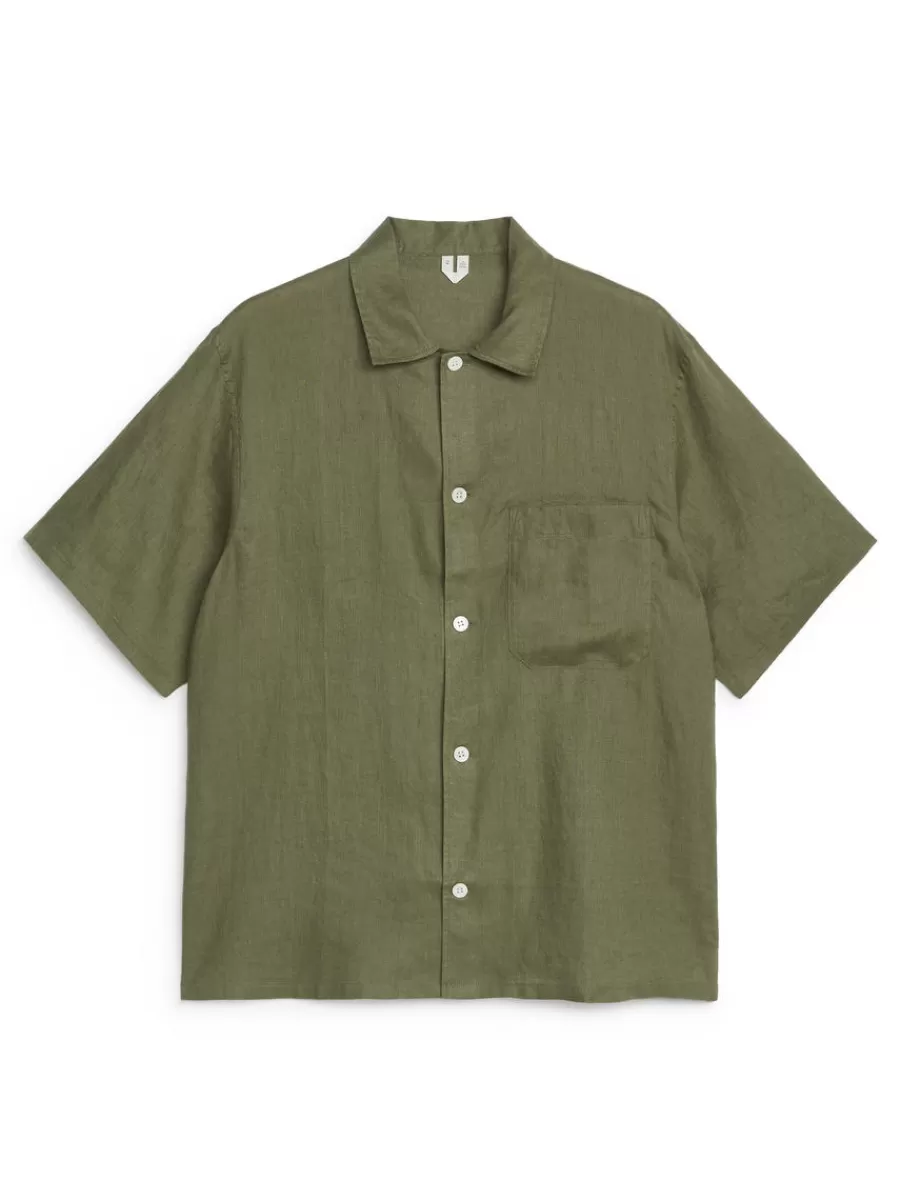 Best Sale ARKET Linen Resort Shirt Dark Khaki Green