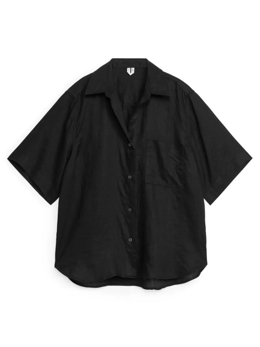 Cheap ARKET Linen Resort Shirt Black