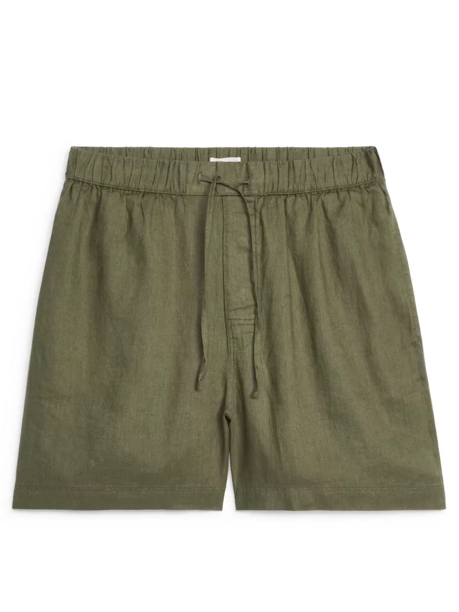Online ARKET Linen Shorts Khaki Green