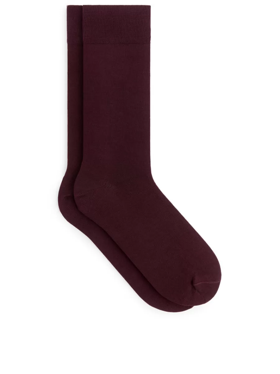 New ARKET Mercerised Cotton Socks Plain Burgundy