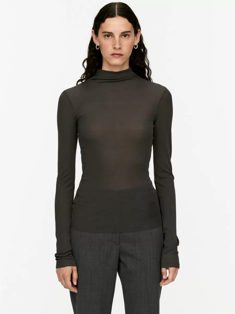 Clearance ARKET Mock Neck Silk Top Dark Grey