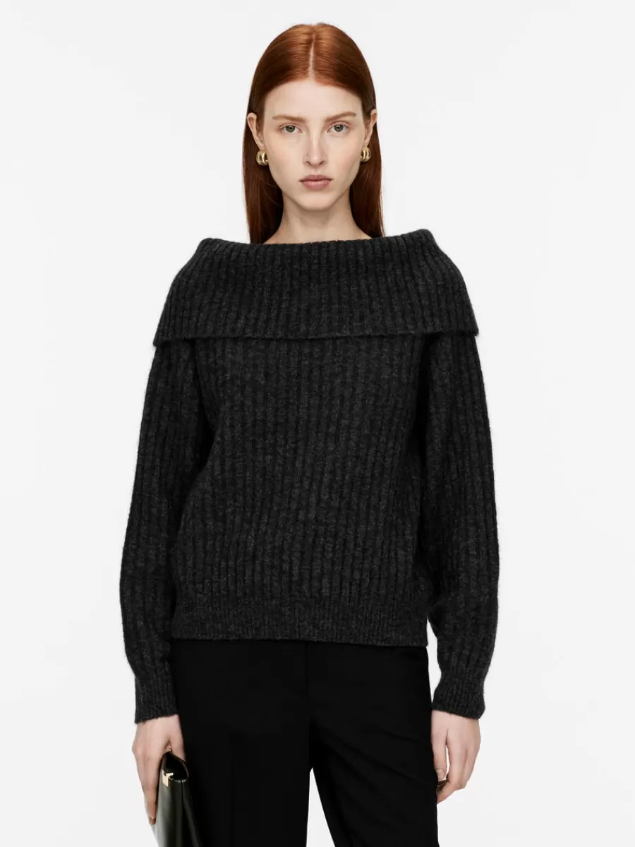 Fashion ARKET Off-Shoulder Rib Jumper Dark Grey