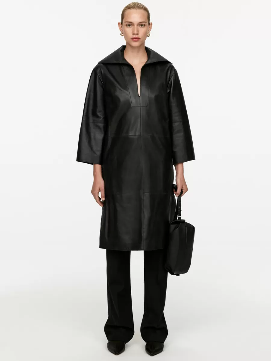 Cheap ARKET Open-Collar Leather Dress Black