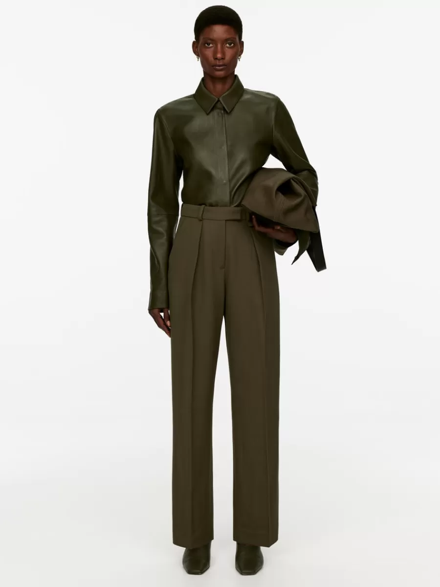 Shop ARKET Pleated Twill Trousers Khaki Green