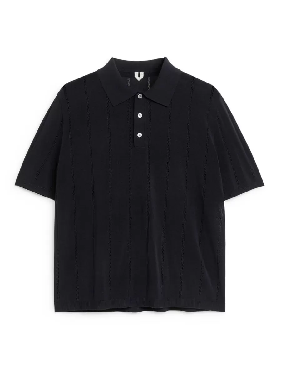 Outlet ARKET Pointelle-Knit Polo Shirt Dark Blue