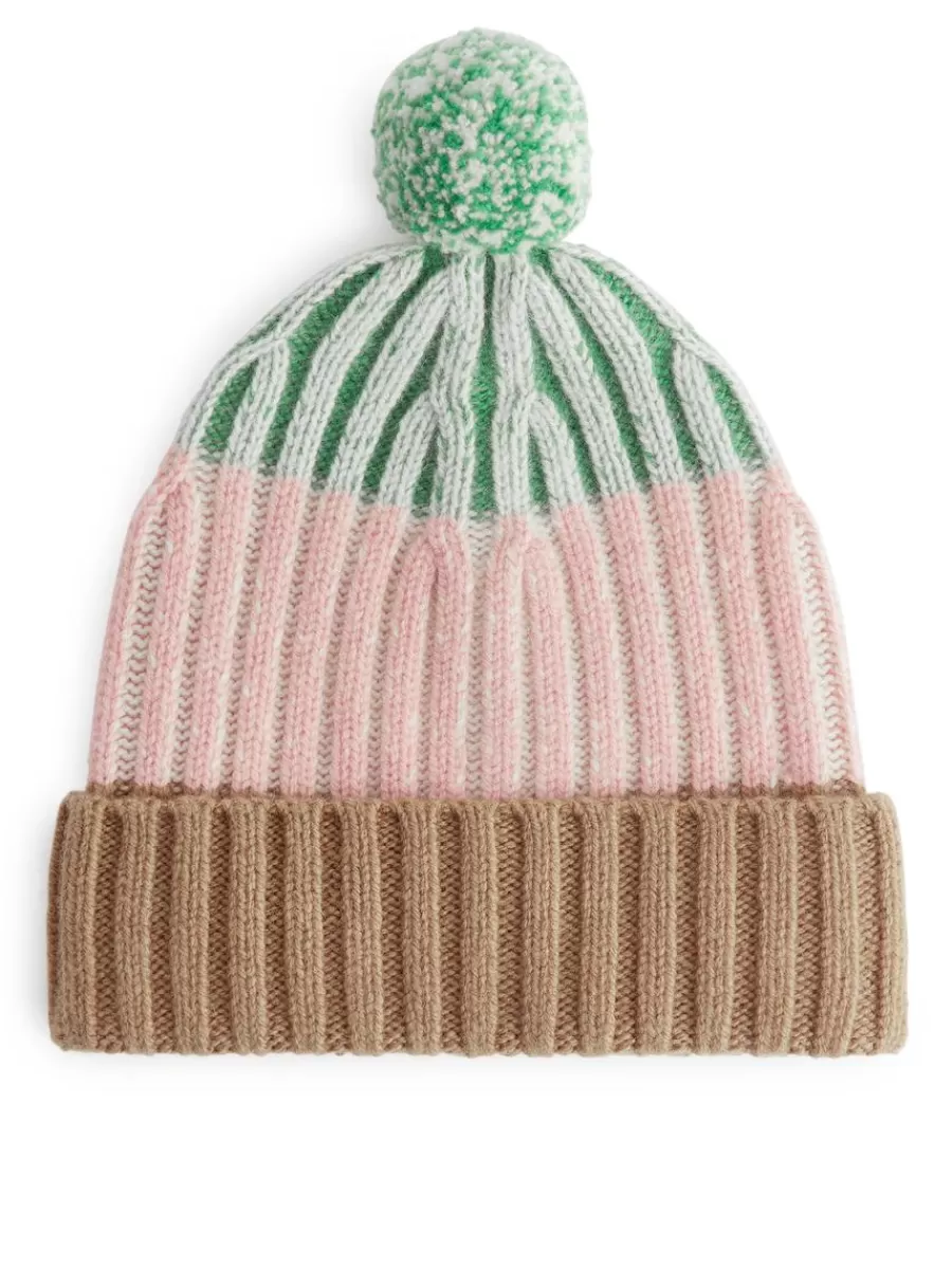 Outlet ARKET Pom-Pom Wool Beanie Pink/Colour Blocking