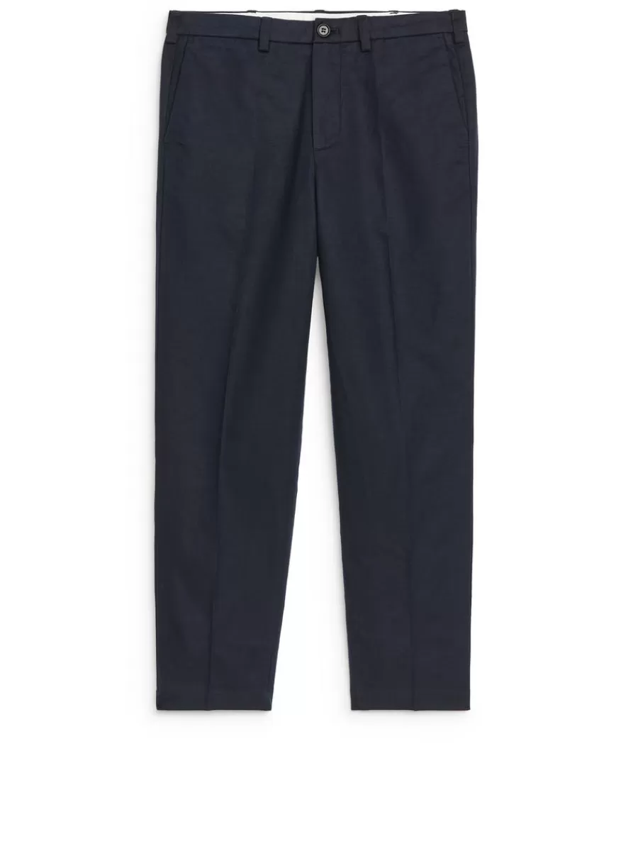 Cheap ARKET Regular Cropped Cotton-Linen Trousers Dark Blue
