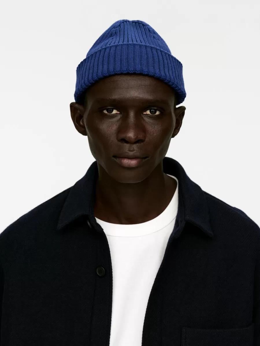 Online ARKET Ribbed Cotton Beanie Bright Blue