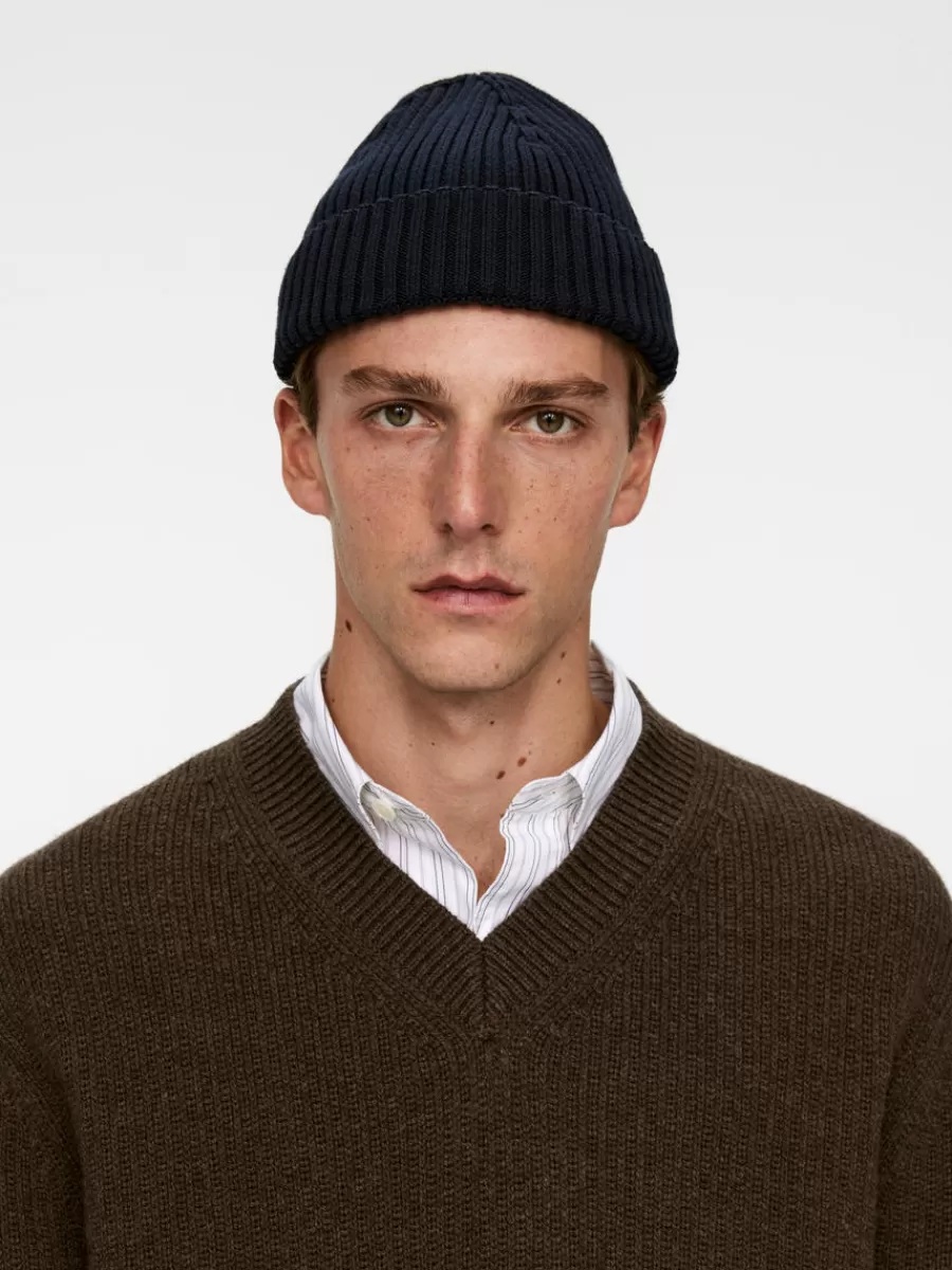 Shop ARKET Ribbed Cotton Beanie Dark Blue