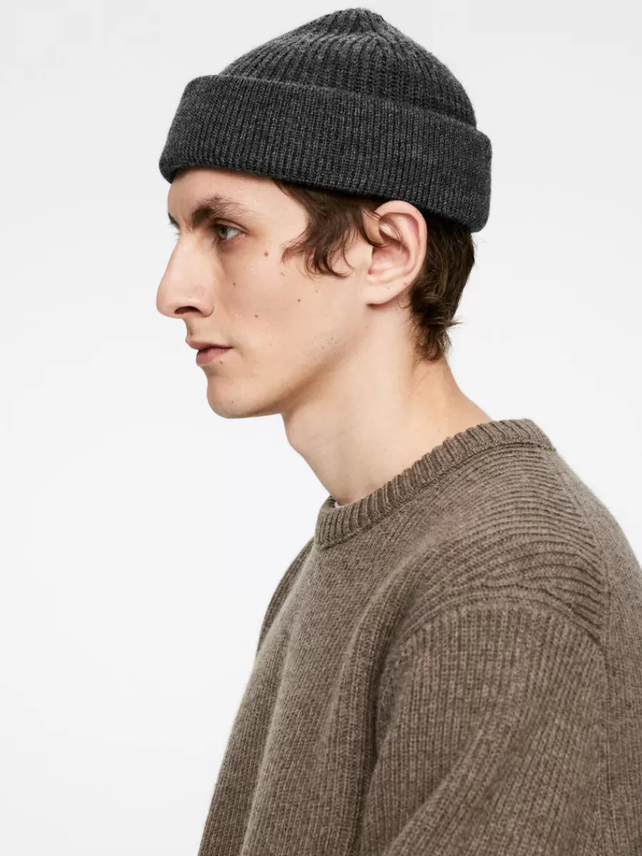 Store ARKET Ribbed Wool Blend Beanie Dark Grey Melange