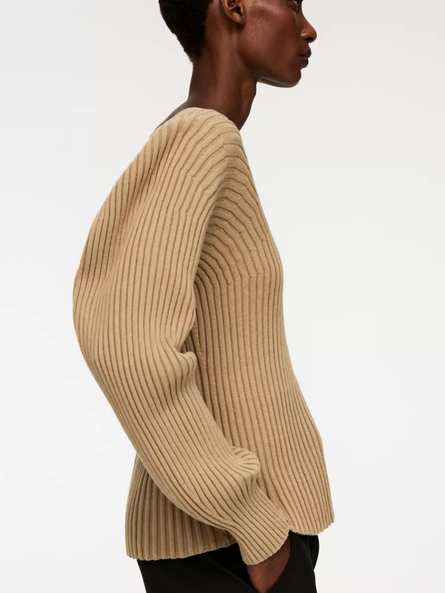 Discount ARKET Rib-Knitted Cotton Jumper Dark Beige